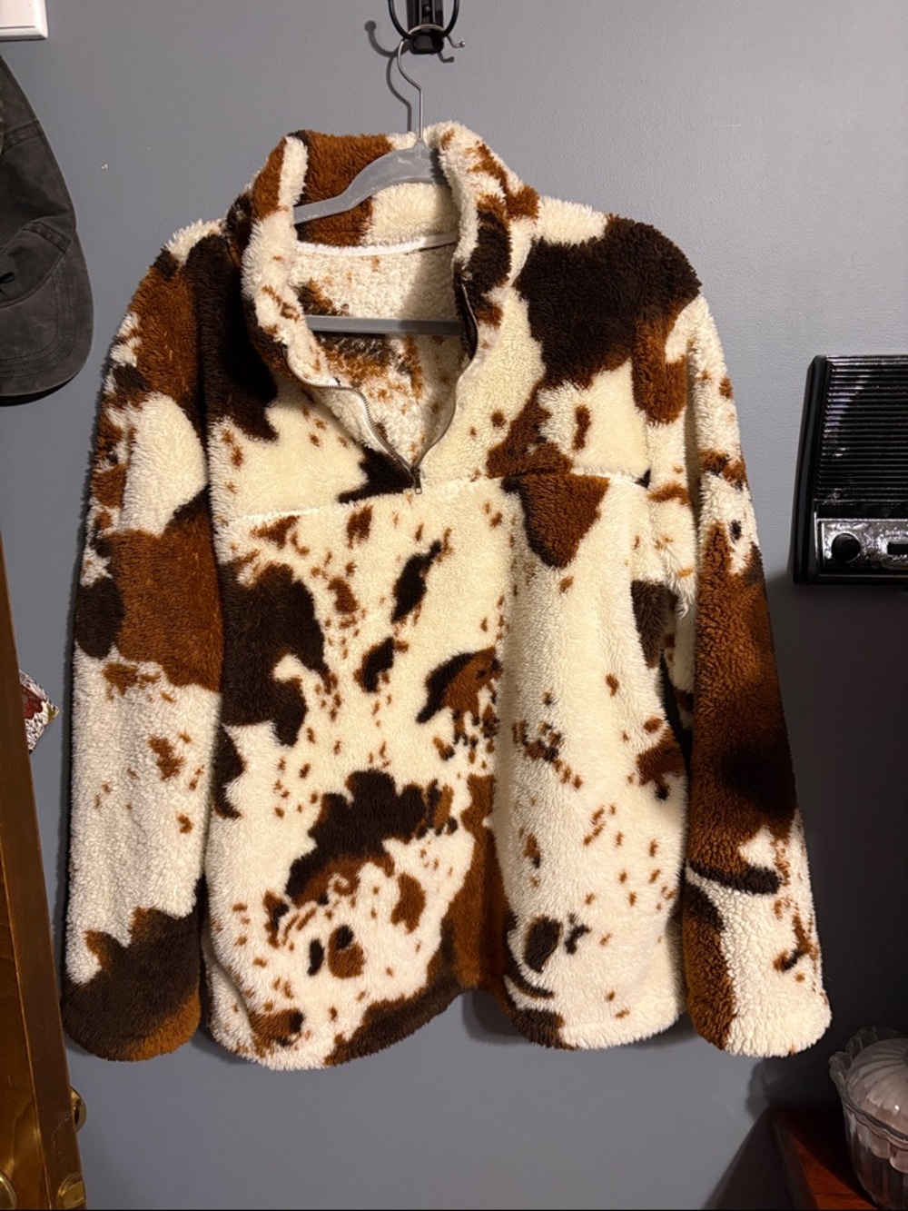 Cozy Faux-Sherpa Cow Print Pullover - Cream & Brown
